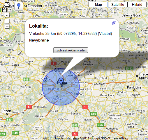 Ukázka geografického cílení PPC reklamy
