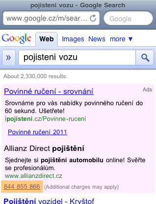 Ukázka rozšíření reklamy o telefonické funkce Ukázka rozšíření reklamy o telefonické funkce